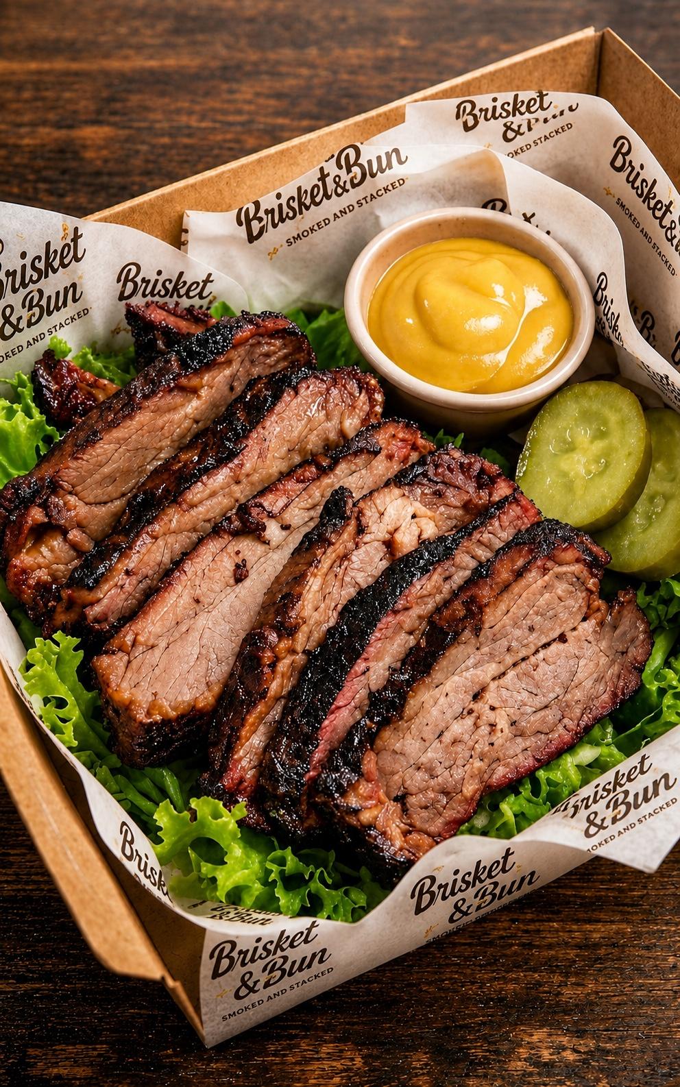 Smoked Wagyu brisket with mustard and pickles on Brisket & Bun paper
