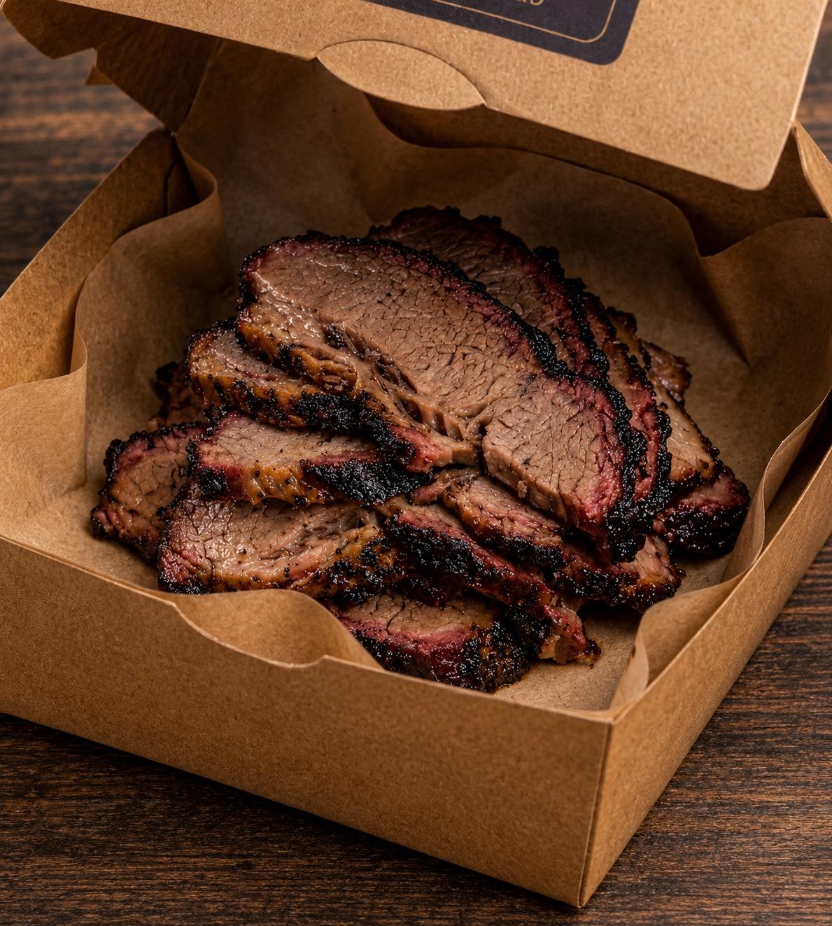 Sliced smoked Wagyu brisket in a Brisket & Bun takeaway box