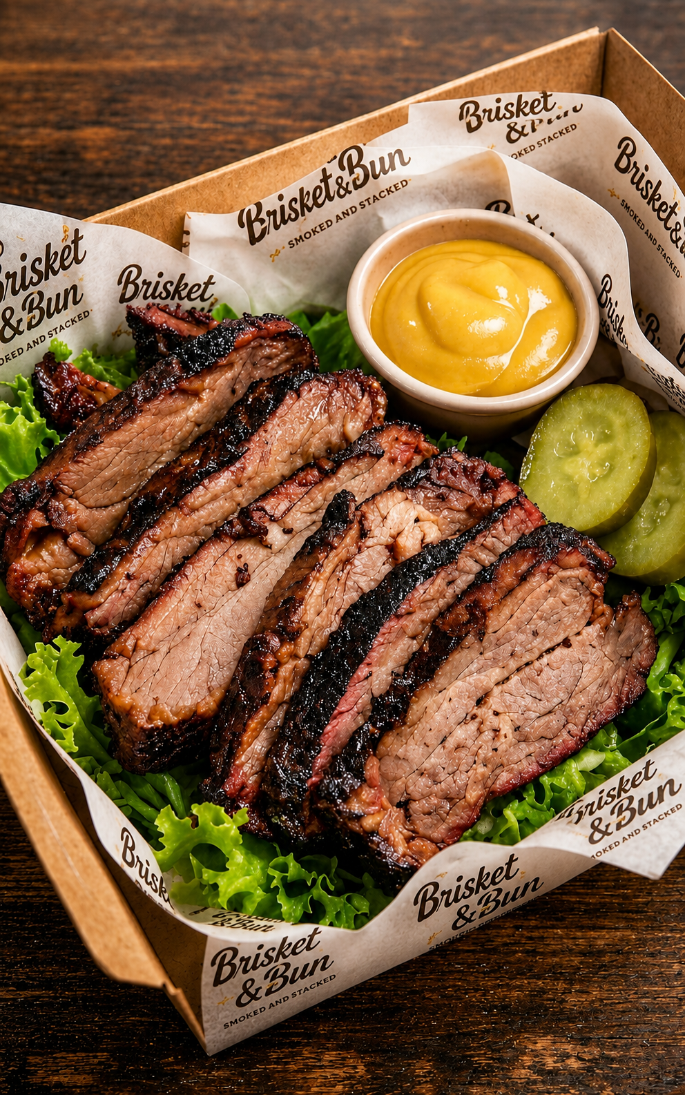 Brisket with mustard and pickles on branded paper