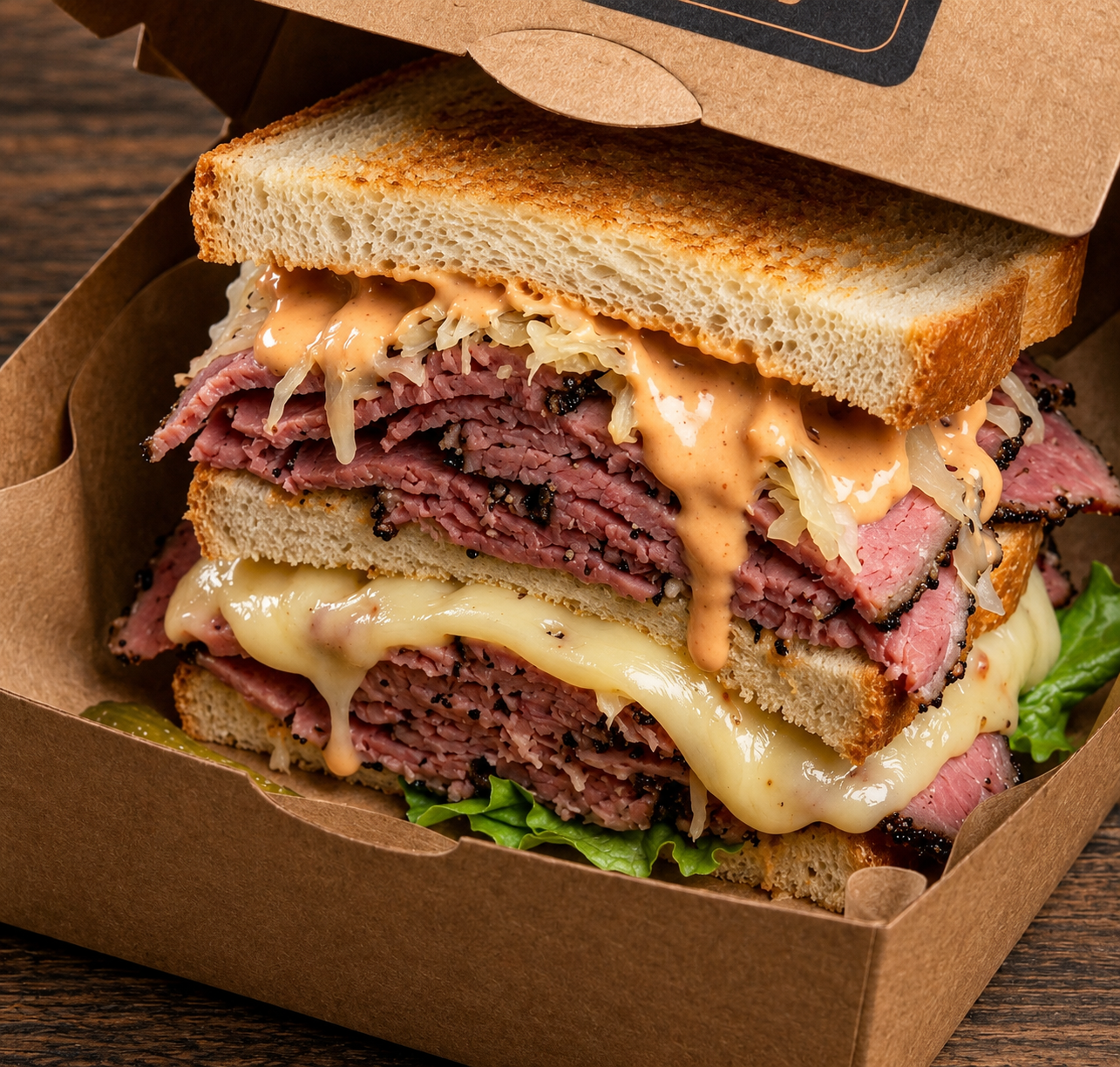 Stacked smoked meat sandwich with melted cheese